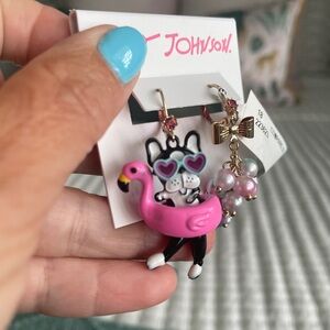 New Betsey Johnson Pink Flamingo Boston Terrier Dog Earrings